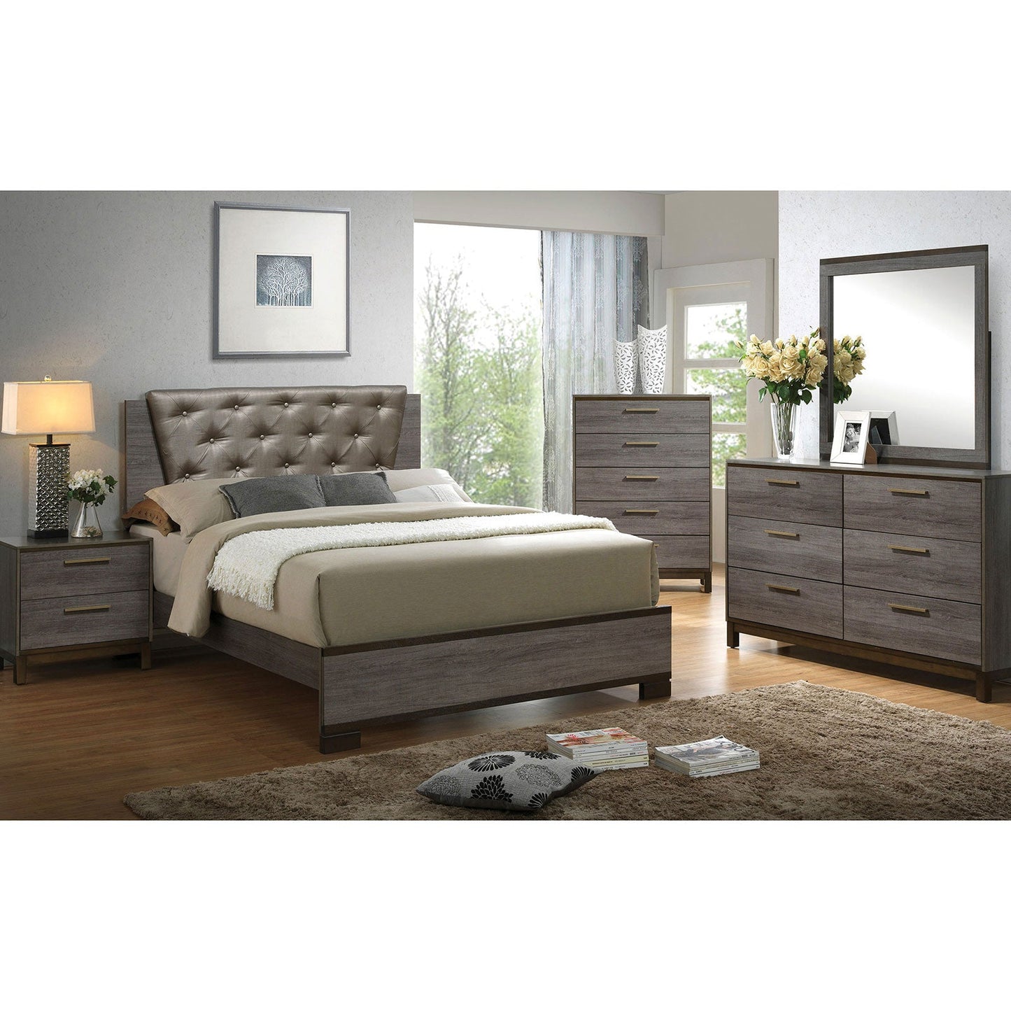 MANVEL Two-Tone Antique Gray 5 Pc. Queen Bedroom Set w/ 2NS FOA East