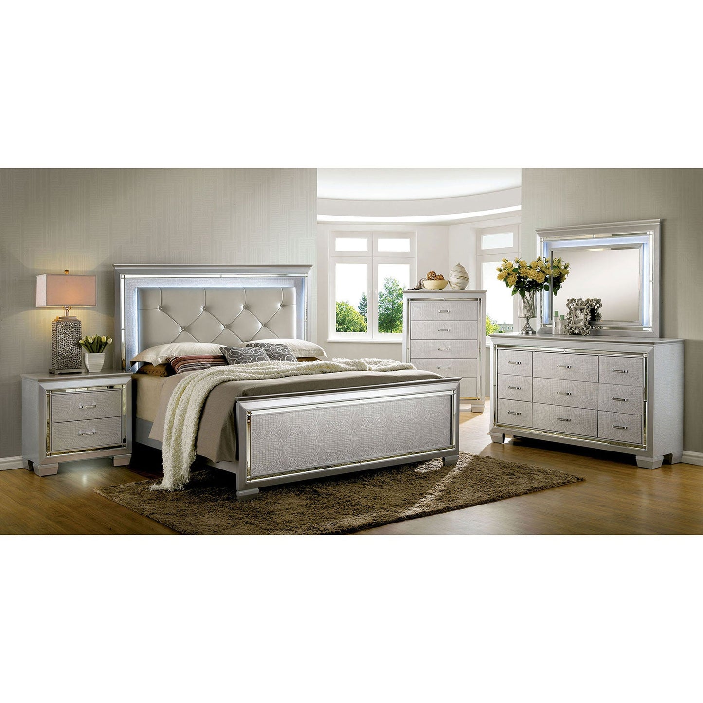 BELLANOVA Silver 5 Pc. Queen Bedroom Set w/ Chest FOA East