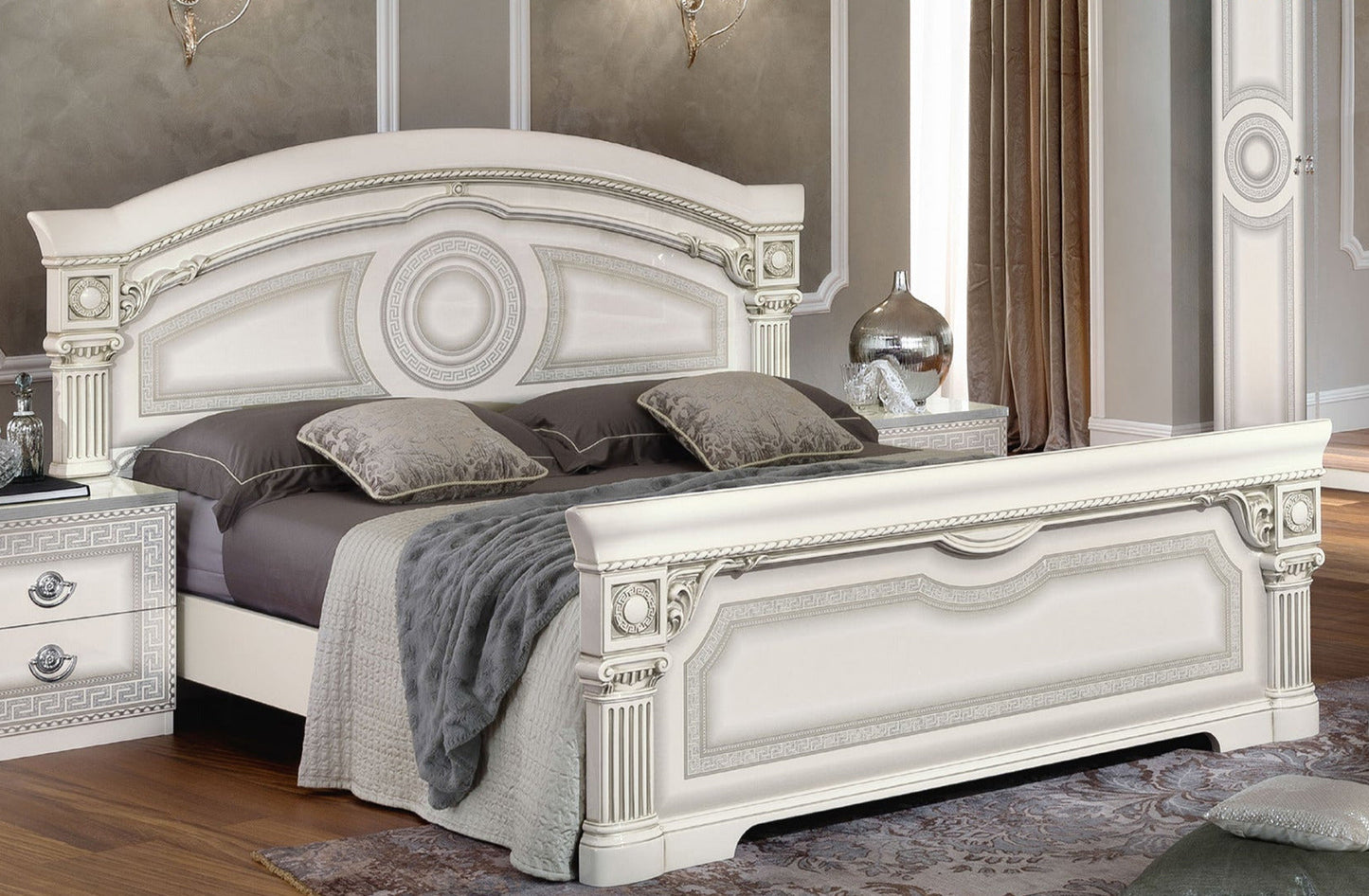 ESF Furniture - Aida 5 Piece Eastern King Panel Bedroom Set in White-Silver - AIDABEDKSWHITE-5SET ESF Furniture