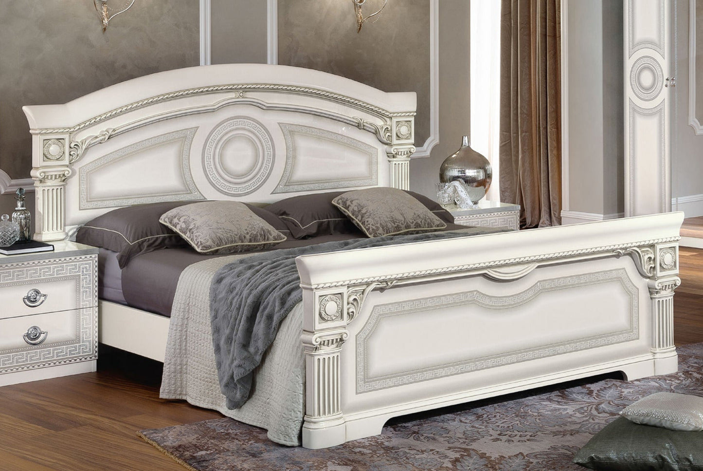 ESF Furniture - Aida 6 Piece Eastern King Panel Bedroom Set in White-Silver - AIDABEDKSWHITE-6SET ESF Furniture