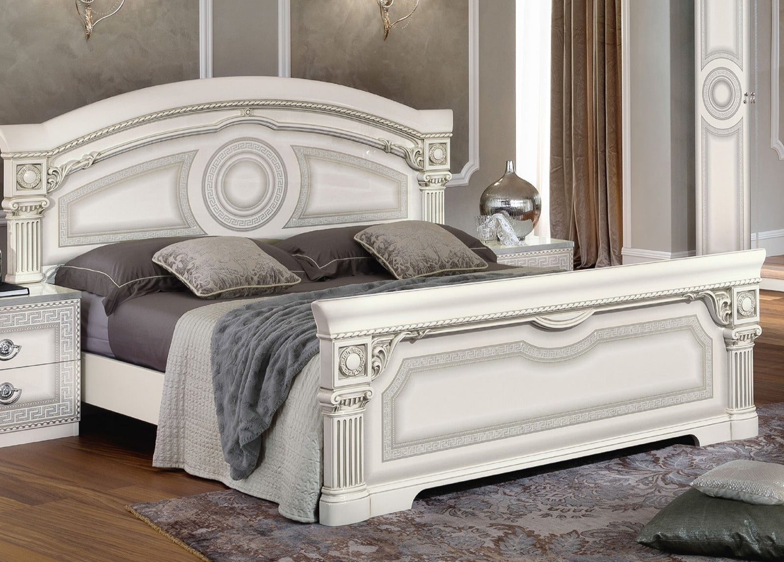 ESF Furniture - Aida 3 Piece Eastern King Panel Bedroom Set in White-Silver - AIDABEDKSWHITE-3SET ESF Furniture