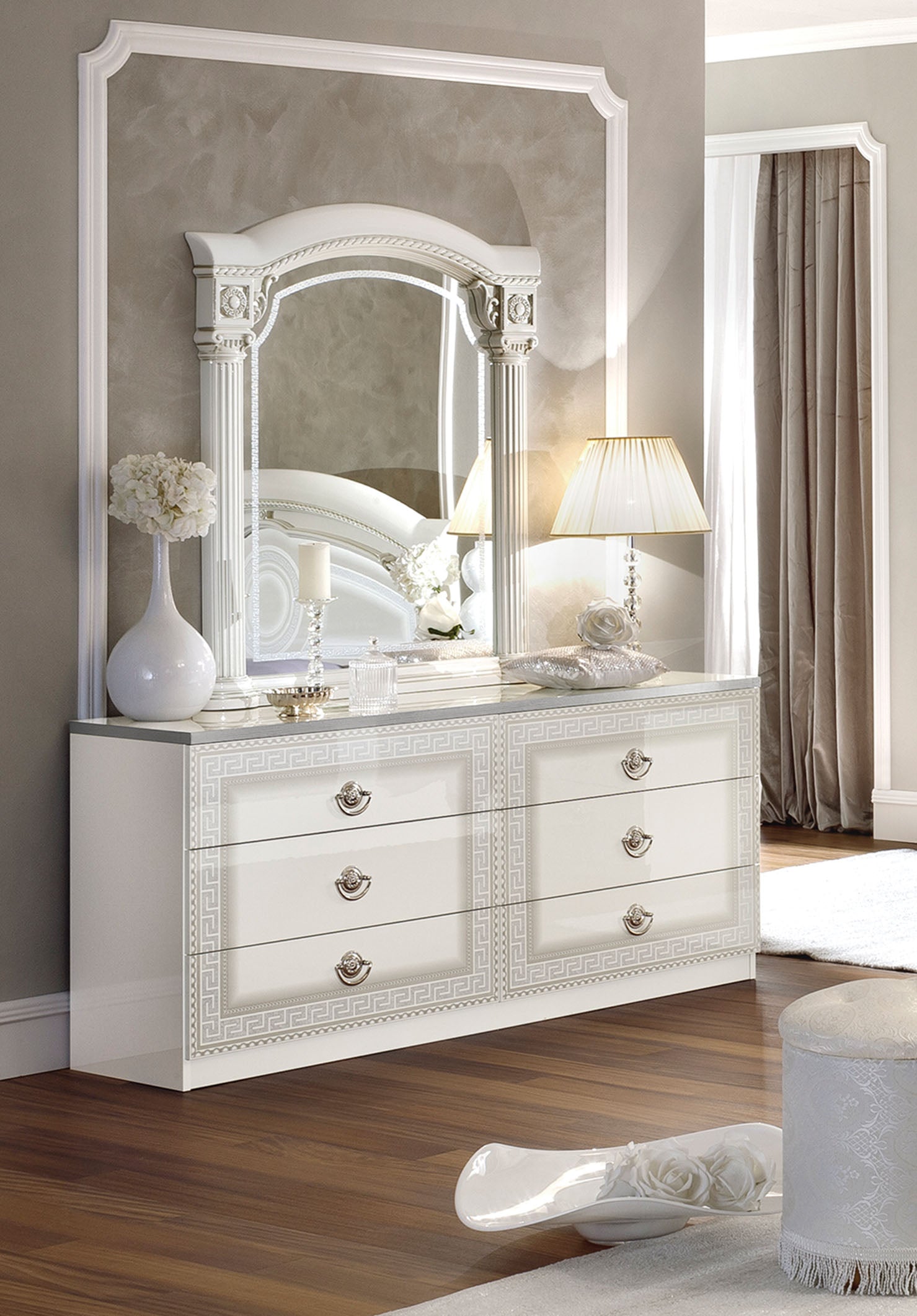 ESF Furniture - Aida 5 Piece Eastern King Panel Bedroom Set in White-Silver - AIDABEDKSWHITE-5SET ESF Furniture