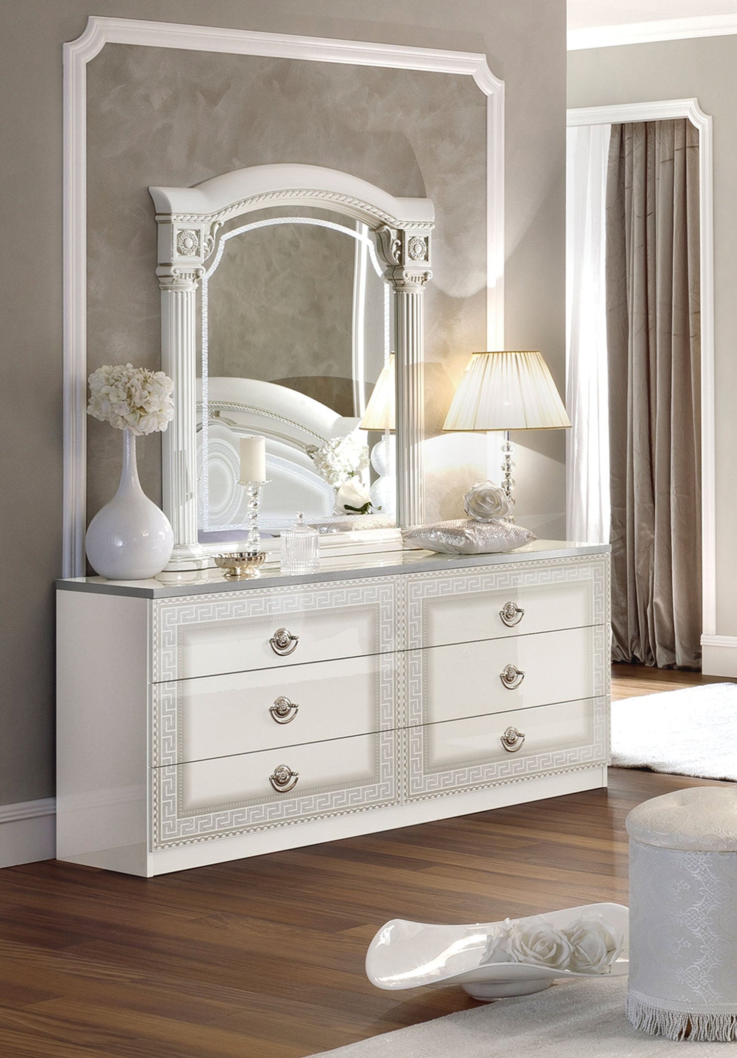 ESF Furniture - Aida 6 Piece Queen Panel Bedroom Set in White-Silver - AIDABEDQSWHITE-6SET ESF Furniture