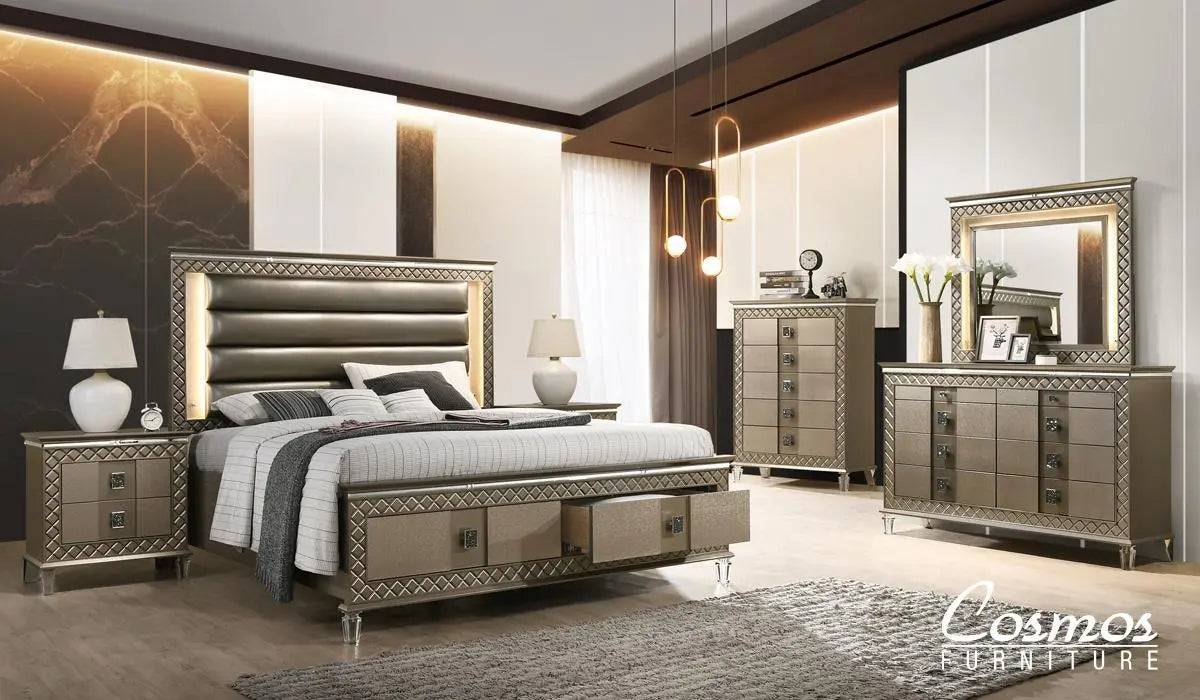 Coral 6Pc Modern Bedroom Set in Bronze Finish by Cosmos Furniture Cosmos Furniture