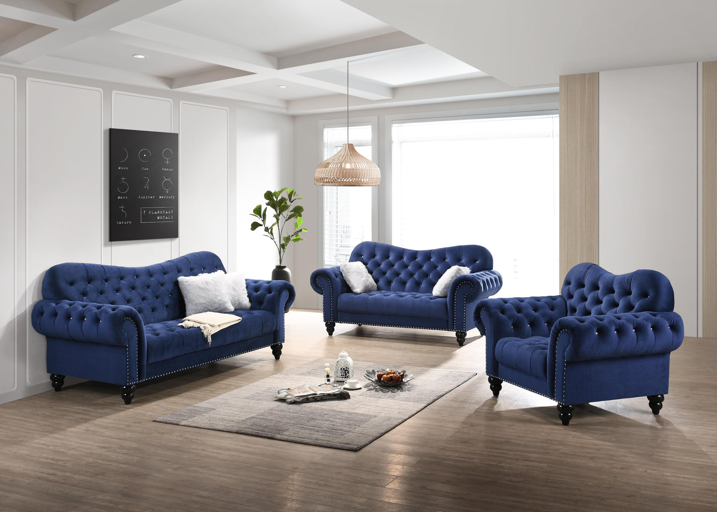 Gracie Transitional Style Blue Sofa with Espresso Legs Cosmos Furniture