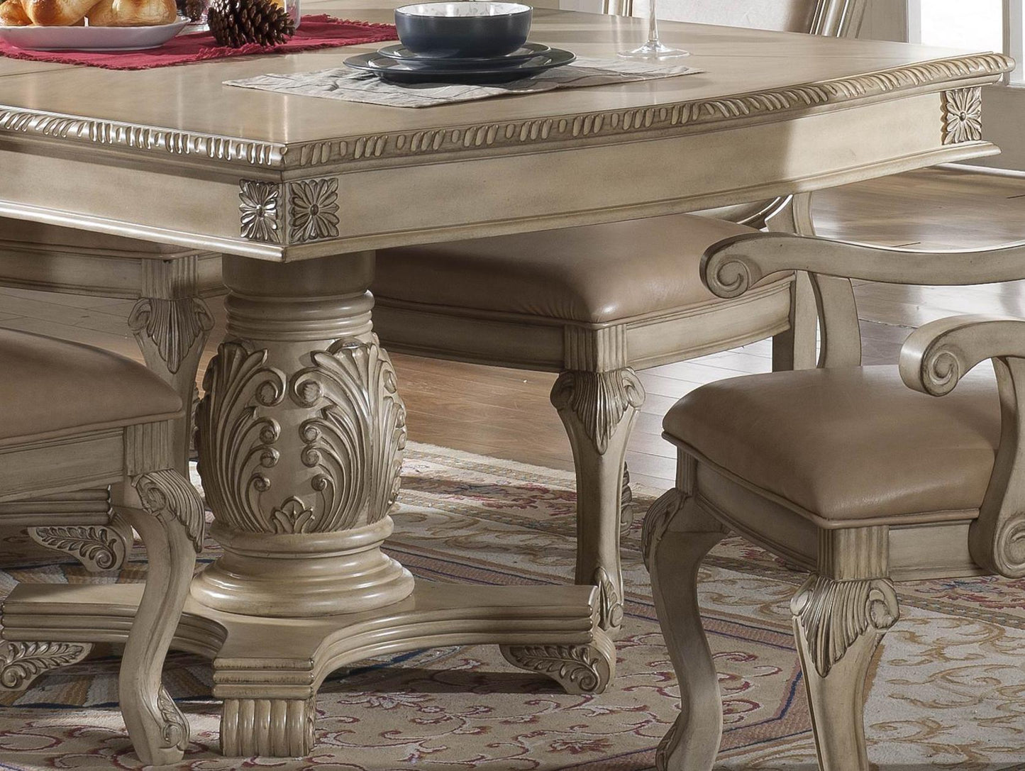 Veronica Antique White Traditional Style Dining Table in Champagne finish Wood Cosmos Furniture