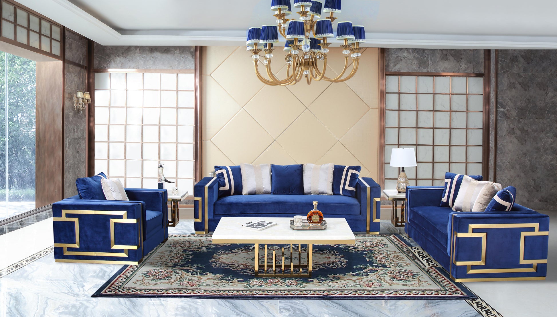 Lawrence Modern Style Navy Sofa with Gold Finish Cosmos Furniture