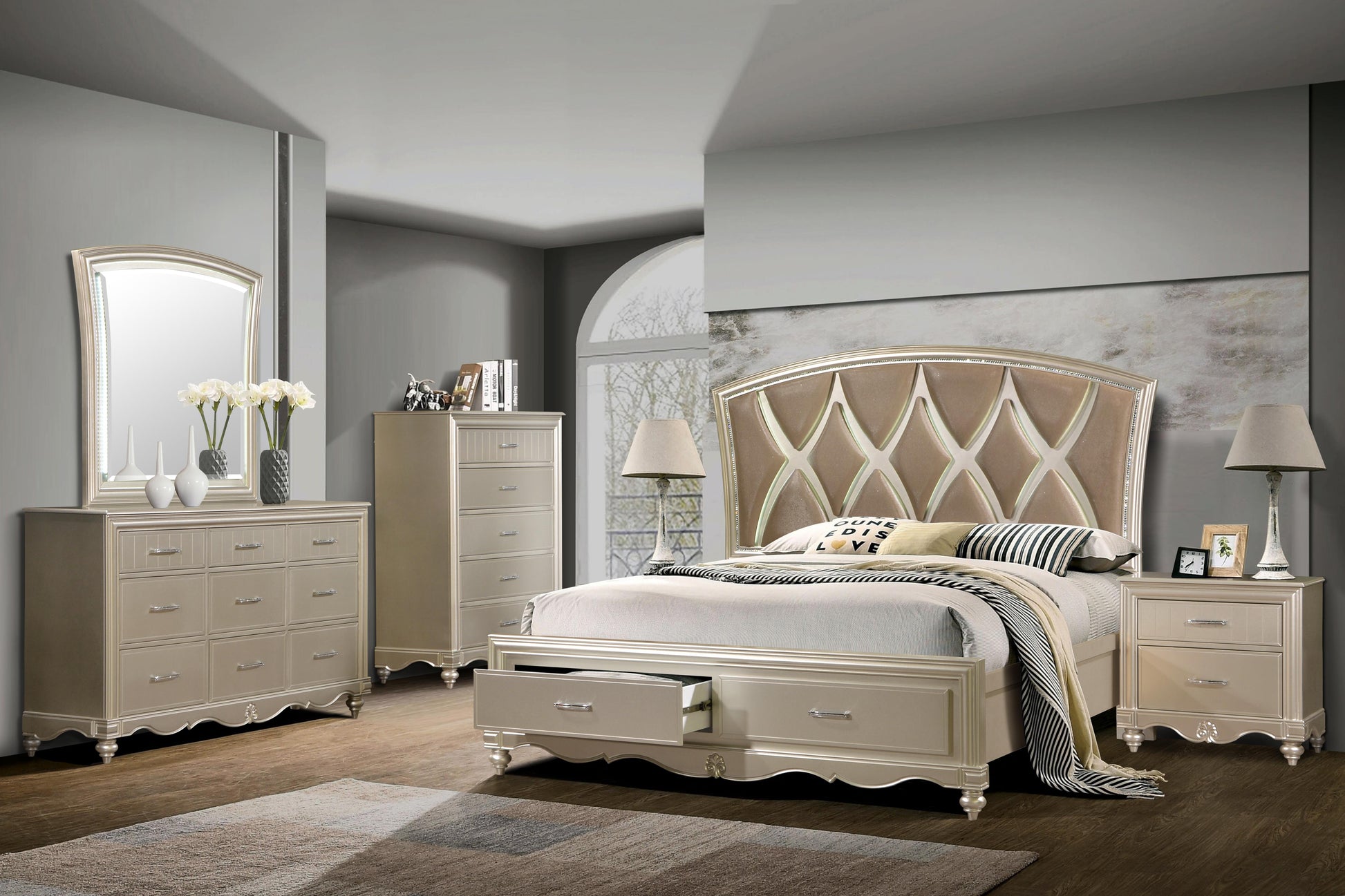 Faisal Transitional Style Dresser in Champagne finish Wood Cosmos Furniture