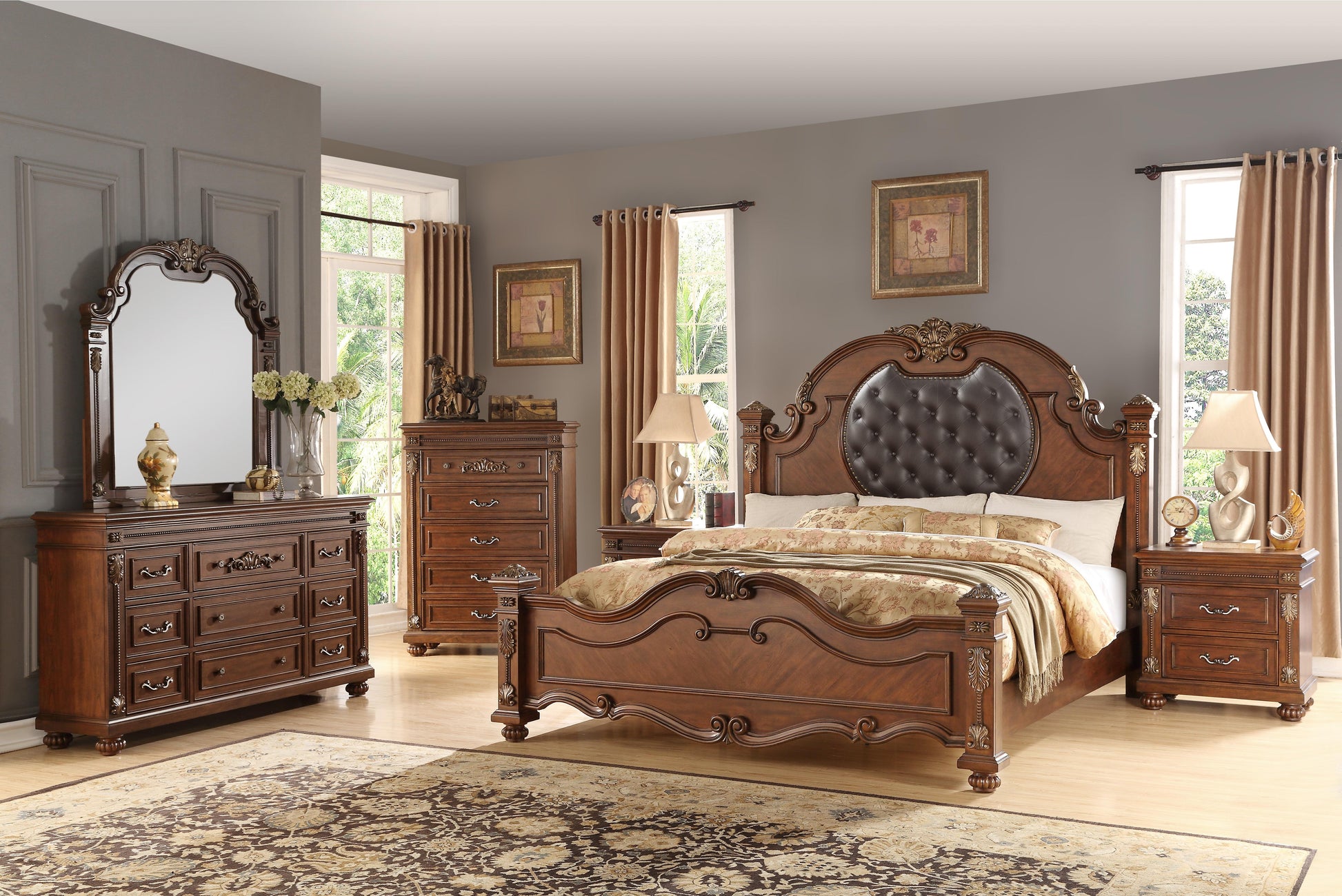 Destiny Traditional Style Queen Bed in Cherry finish Wood Cosmos Furniture