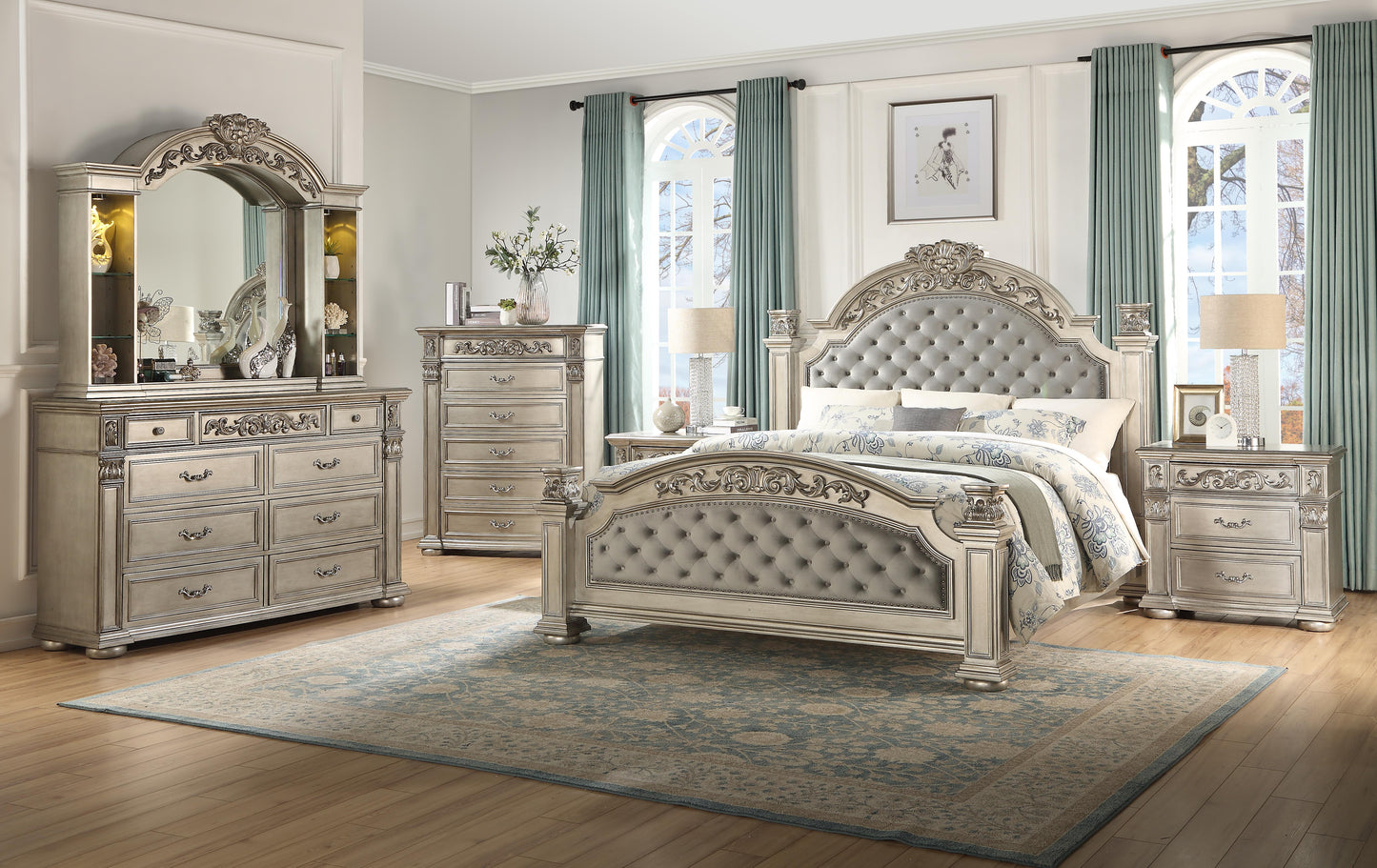 Platinum Traditional Style Queen Bed in Gold finish Wood Cosmos Furniture