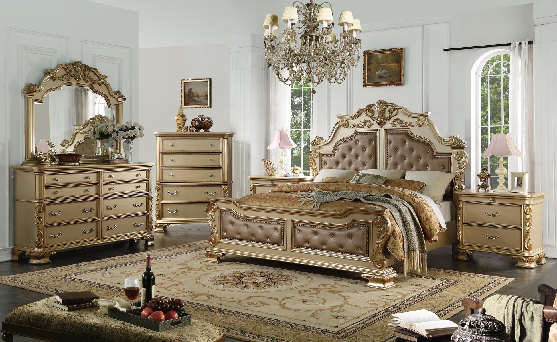 Miranda Transitional Style Queen Bed in Gold finish Wood Cosmos Furniture