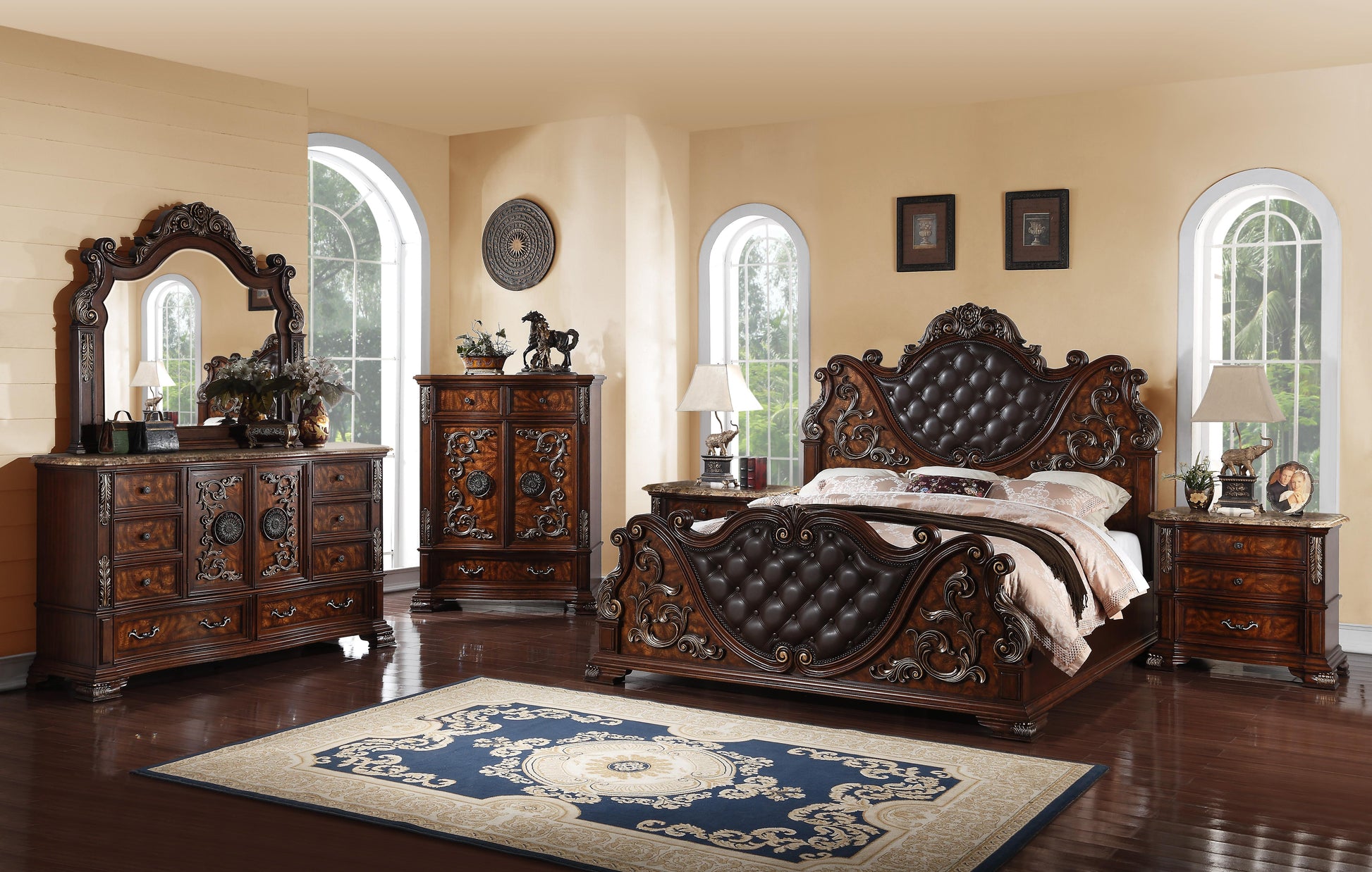 Santa Monica Traditional Style King Bed in Cherry finish Wood Cosmos Furniture