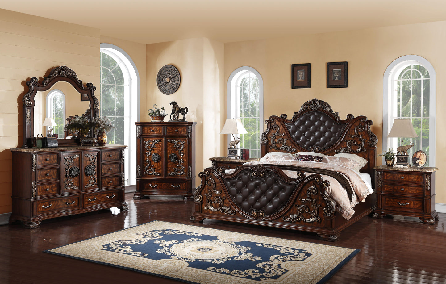 Santa Monica Traditional Style Queen Bed in Cherry finish Wood Cosmos Furniture