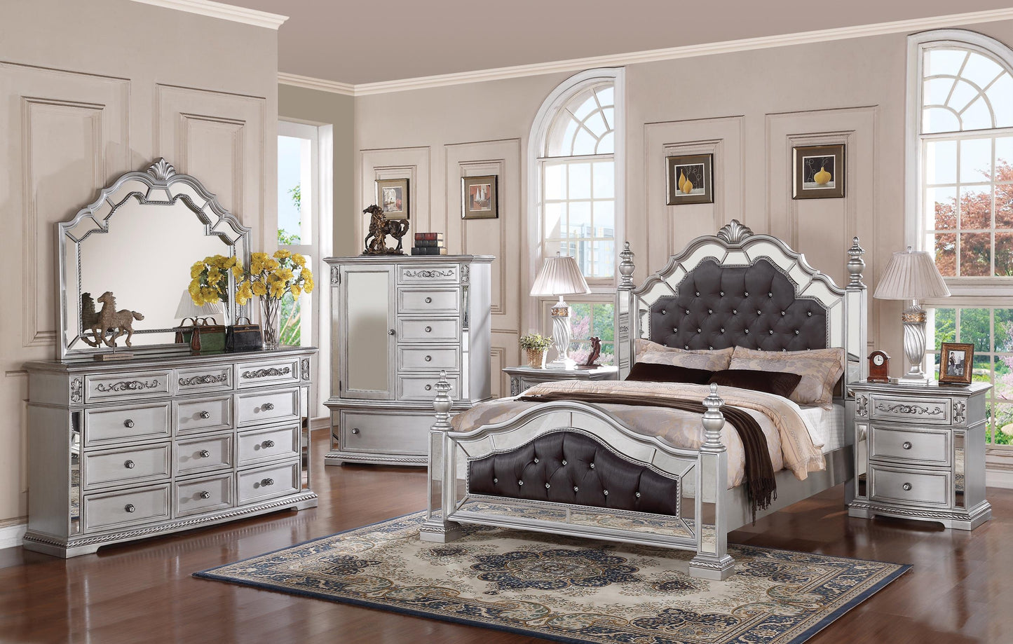 Pamela Transitional Style Queen Bed in Silver finish Wood Cosmos Furniture