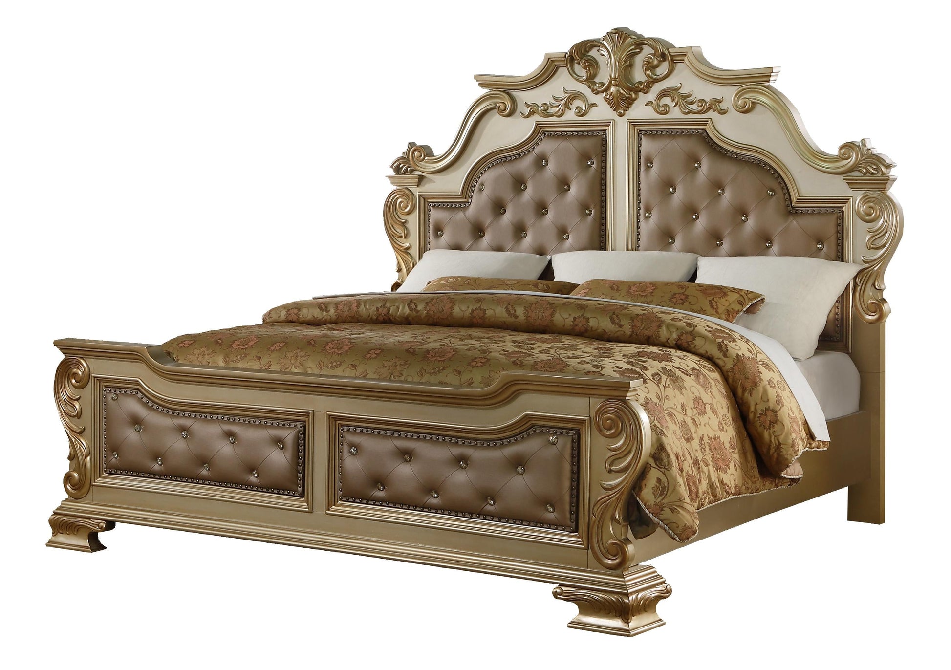 Miranda Transitional Style King Bed in Gold finish Wood Cosmos Furniture