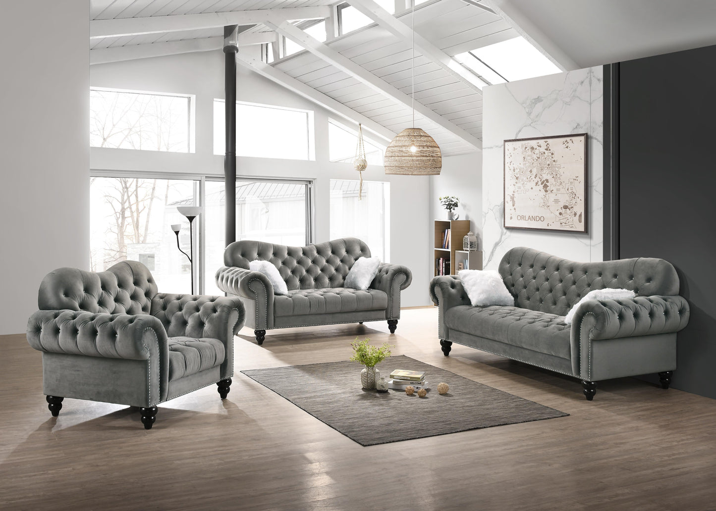 Gracie Transitional Style Gray Loveseat with Espresso Legs Cosmos Furniture