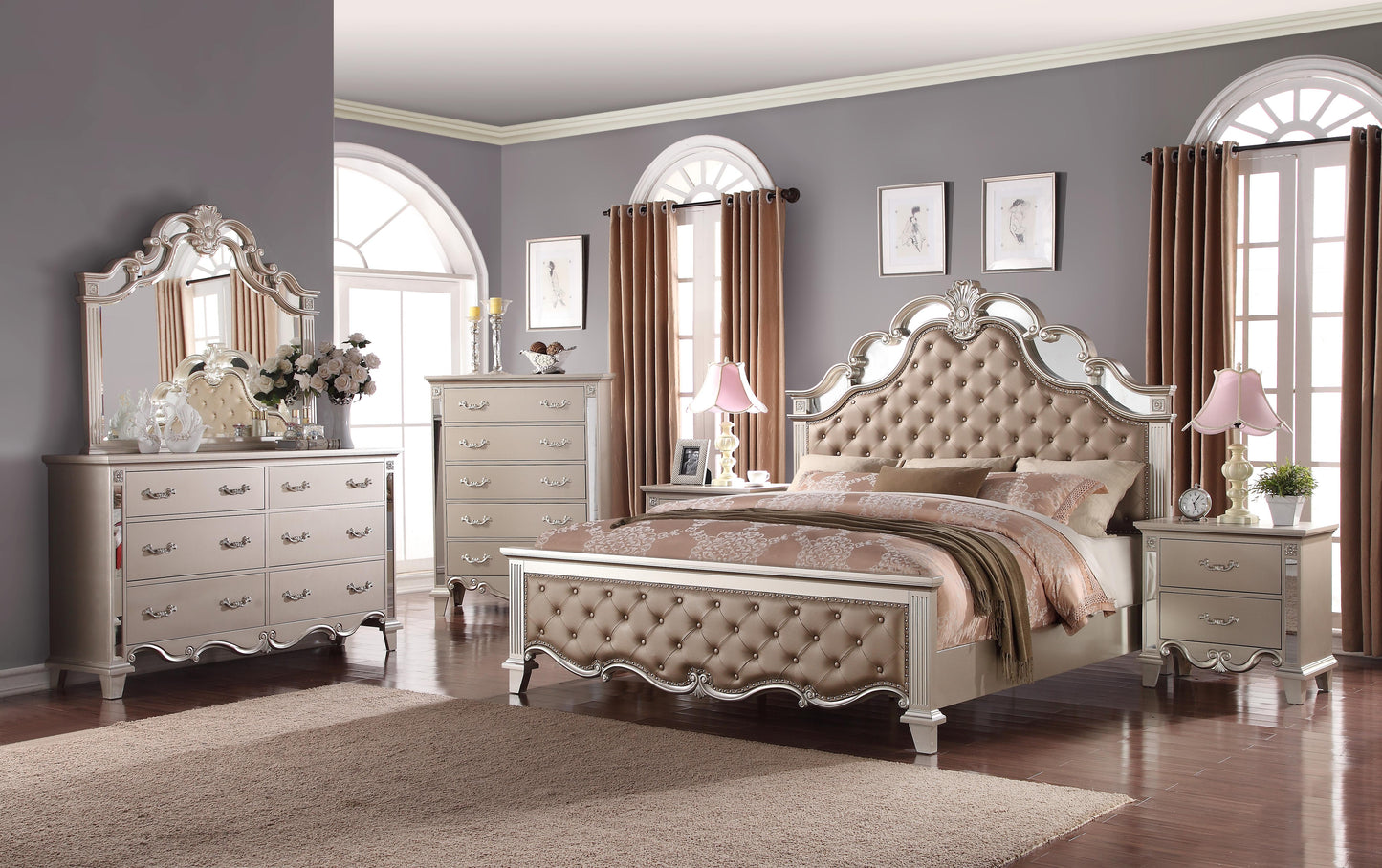 Sonia Contemporary Style King Bed in Beige finish Wood Cosmos Furniture