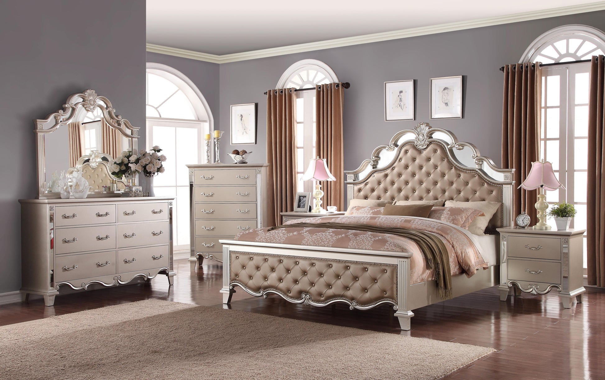 Sonia Contemporary Style Queen Bed in Beige finish Wood Cosmos Furniture