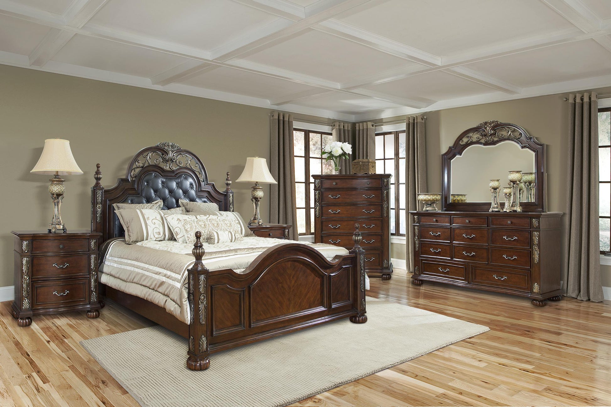 Rosanna Traditional Style King Bed in Cherry finish Wood Cosmos Furniture