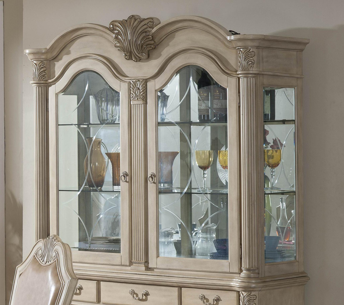 Veronica Antique White Traditional Style Dining Hutch in Champagne finish Wood Cosmos Furniture