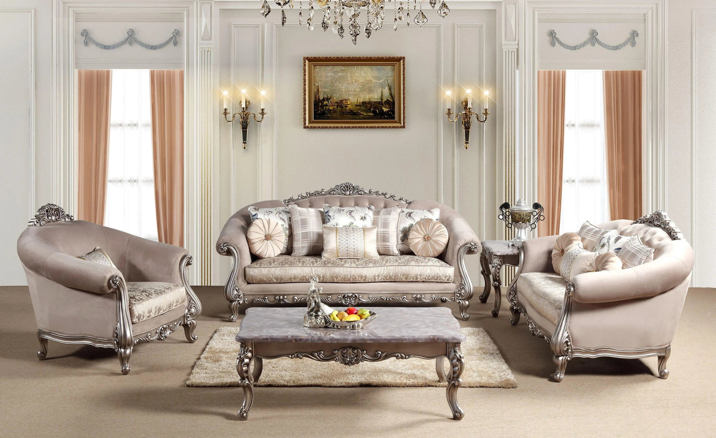 Cristina Traditional Sofa and Loveseat in Beige Wood Finish by Cosmos Furniture Cosmos Furniture