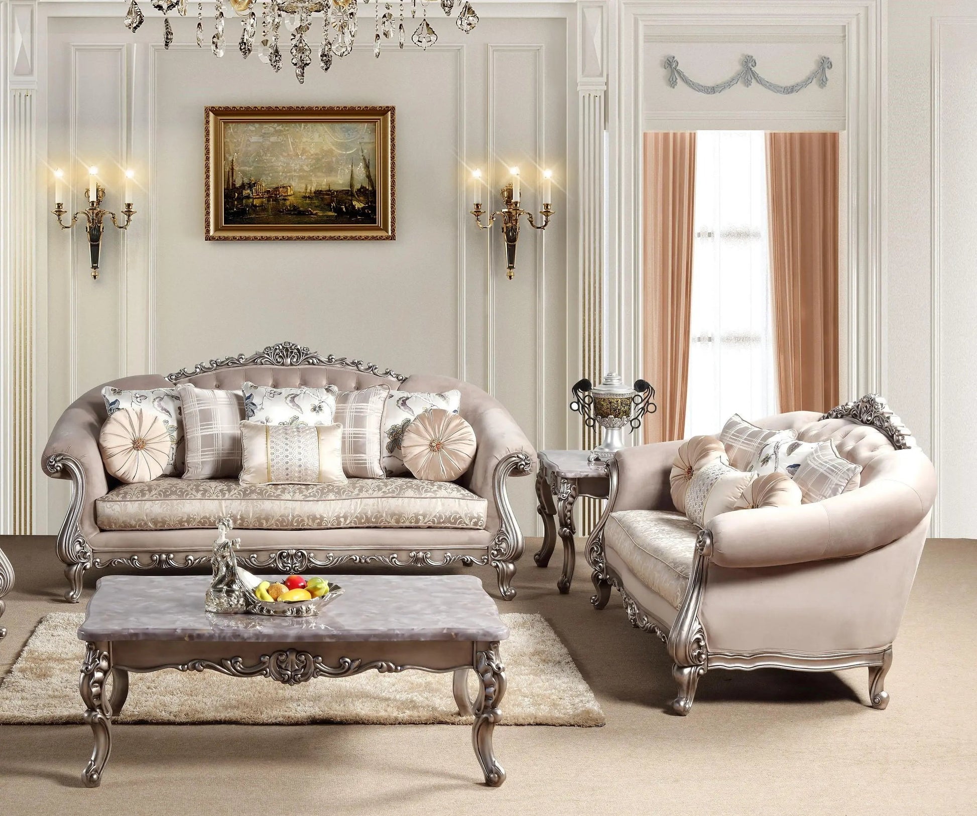 Cristina Traditional Sofa and Loveseat in Beige Wood Finish by Cosmos Furniture Cosmos Furniture