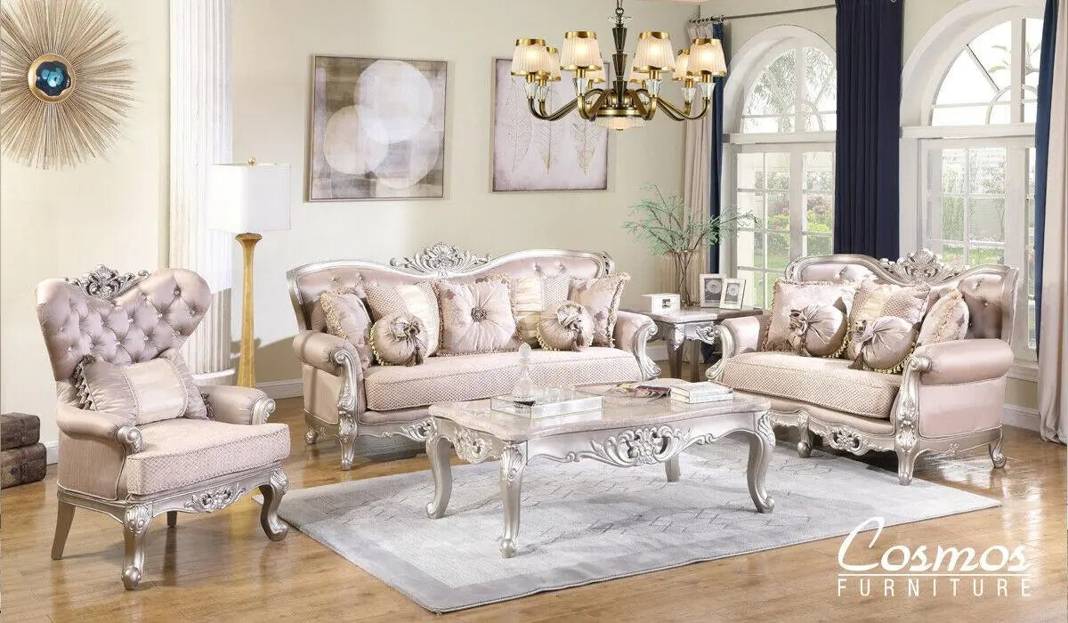 Daisy Traditional Sofa and Loveseat in Cream Wood Finish by Cosmos Furniture Cosmos Furniture