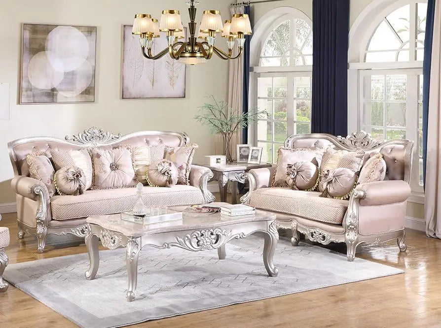 Daisy Traditional Sofa and Loveseat in Cream Wood Finish by Cosmos Furniture Cosmos Furniture