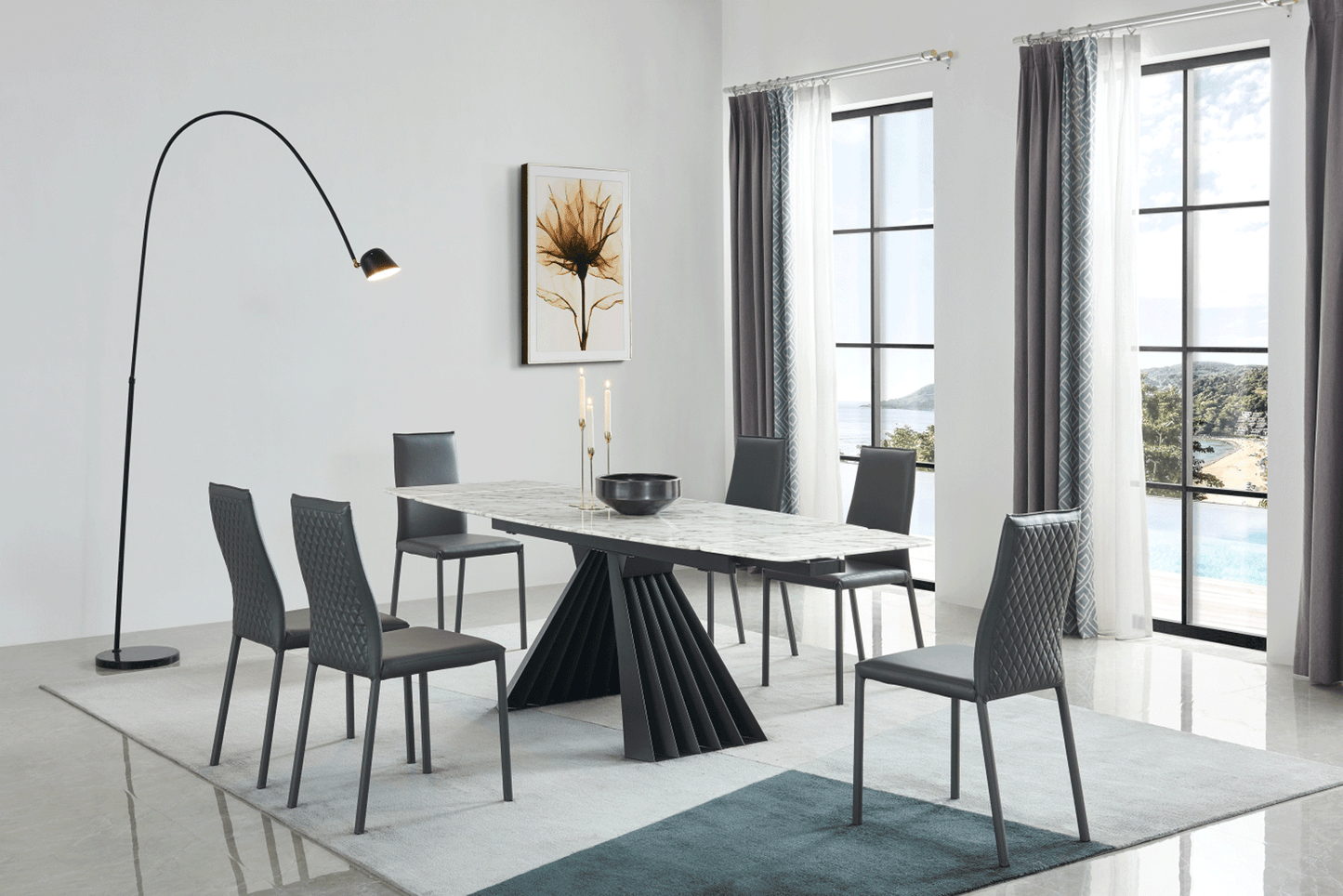 ESF Furniture - Extravaganza 152 Marble Dining Table with 196 Grey Chairs - 152DININGTABLE-196-6CHAIR ESF Furniture