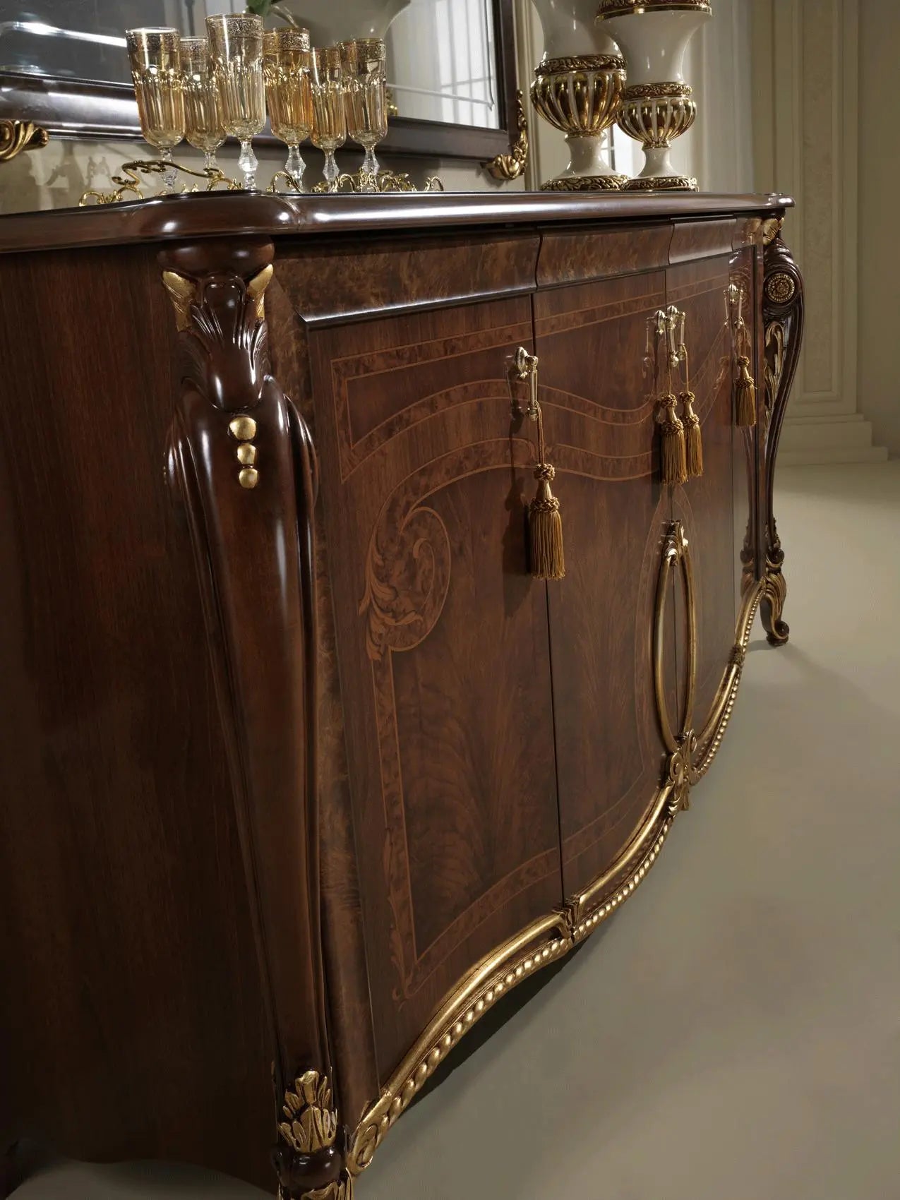 Donatello Traditional Luxury 4 Door Buffet Made in Italy in Walnut Glossy by ESF Furniture ESF Furniture