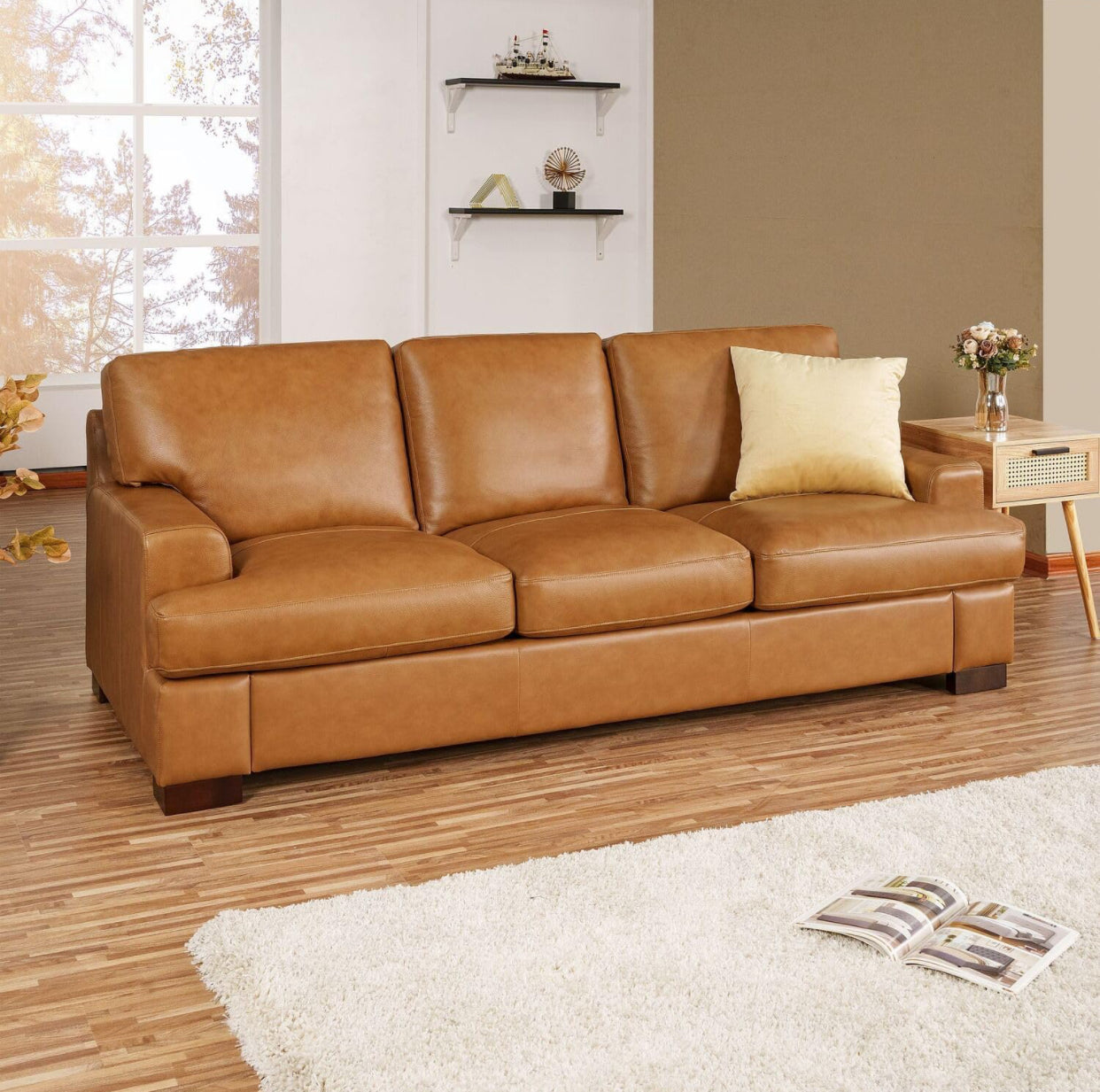 Genuine Cognac Leather Sofa Premium Down Filled Cushions House to Home Furnishings LLC