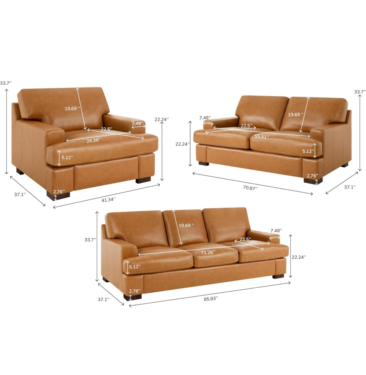 Genuine 3pc Cognac Leather (SOFA,LOVE SEAT & CHAIR) Premium Down Filled Cushions House to Home Furnishings LLC