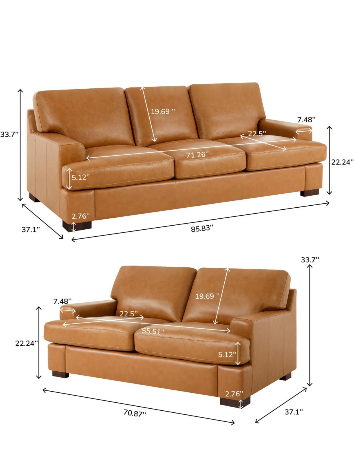 Genuine 3pc Cognac Leather (SOFA,LOVE SEAT & CHAIR) Premium Down Filled Cushions House to Home Furnishings LLC