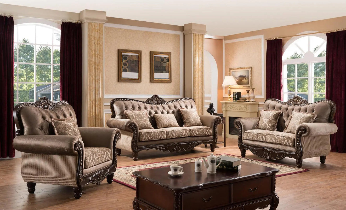 Giana Traditional Sofa and Loveseat in Cherry Wood Finish by Cosmos Furniture Cosmos Furniture