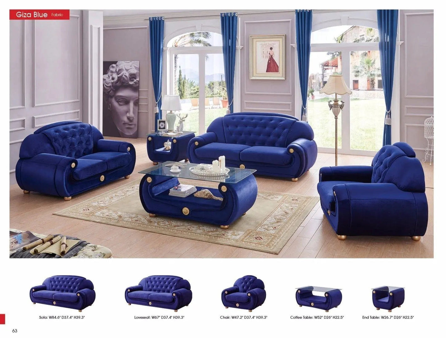 Giza Contemporary Sofa and Loveseat in Luxury Dark Blue Velour Color by ESF Furniture ESF Furniture