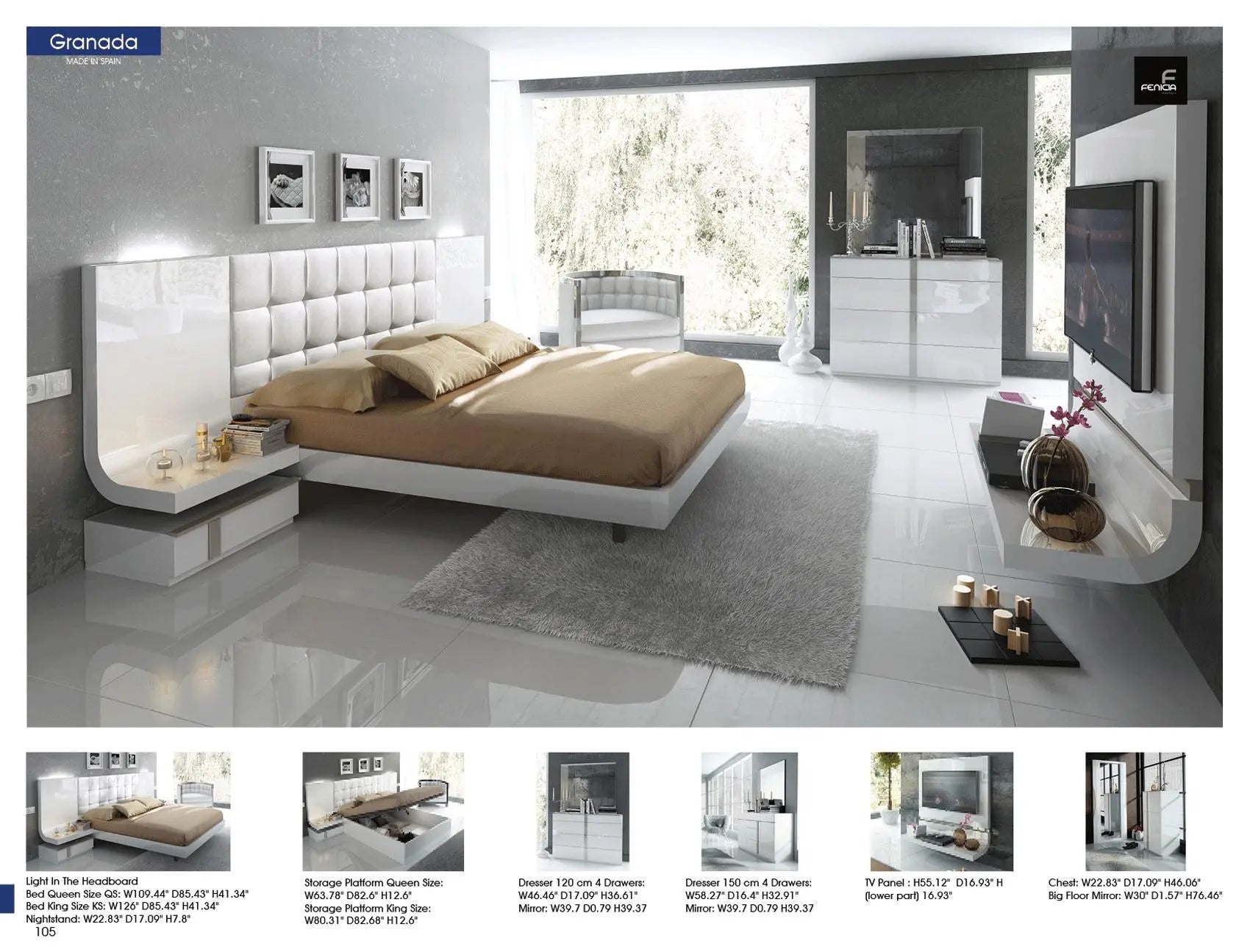 Granada Contemporary Bedroom Set in Glossy White Finish by ESF Furniture ESF Furniture