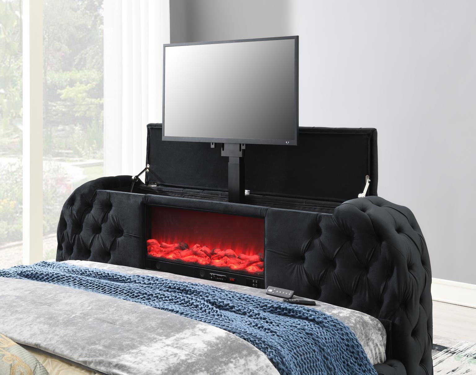 LUXOR VELVET 🔥 FIREPLACE 🔥Bed with Power Lift TV 📺  🔊BLUETOOTH SPEAKER 🔊& 🔌 USB 🔌 Charging Ports House to Home Furnishings LLC