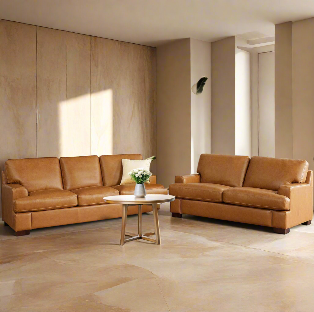 Genuine Cognac Leather (Sofa) Premium Luxurious Comfort Down Filled Cushions House to Home Furnishings LLC