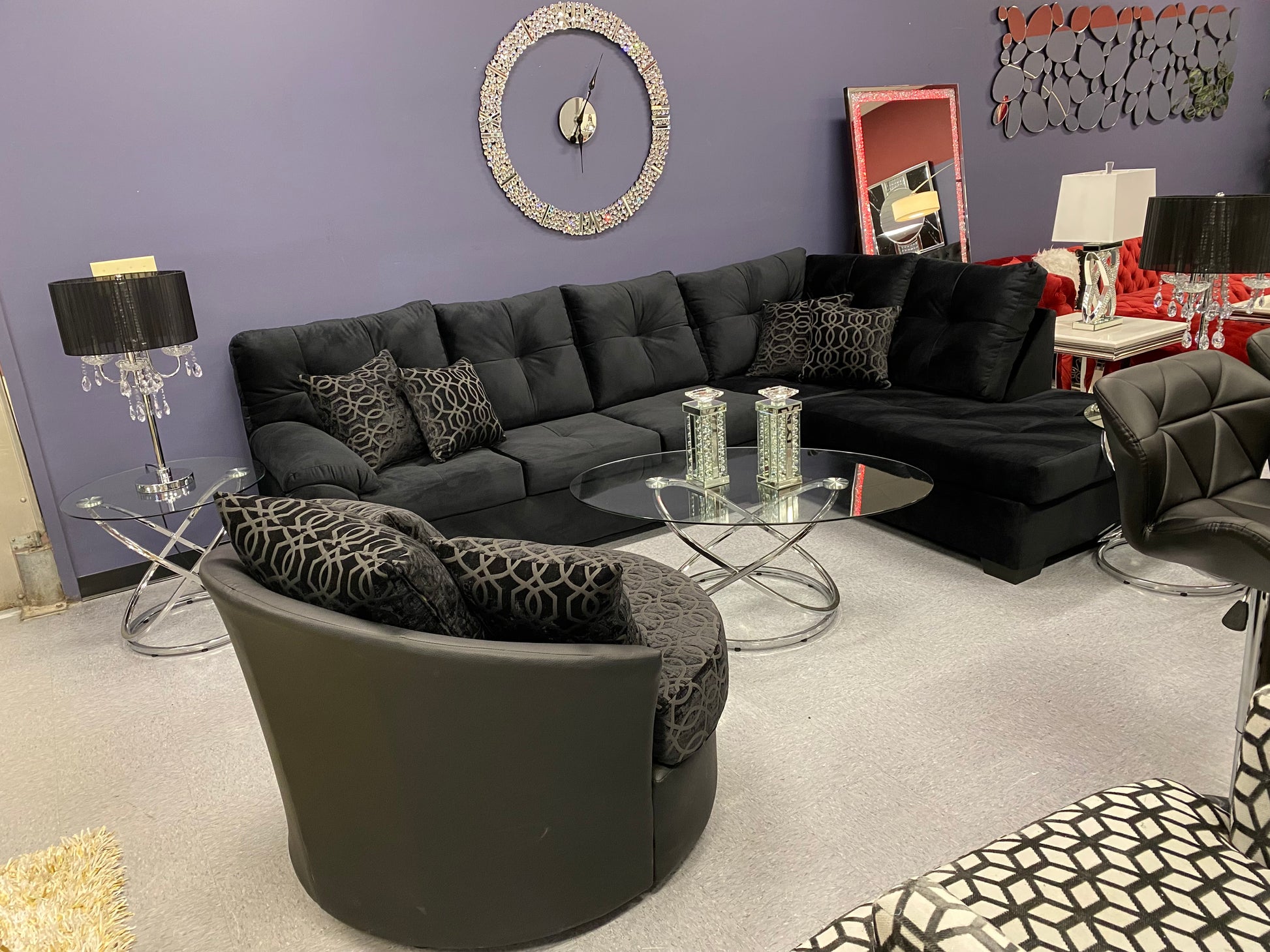 CRISTAL ROYALE Upholstered Sectional Sofa in Ebony BLACK Premium Chanel Velvet Fabric ** Available In Over 500 in house Colors and Patterns to Choose From, ** Custom Made To Order ** Design It Your Way House to Home Furnishings LLC