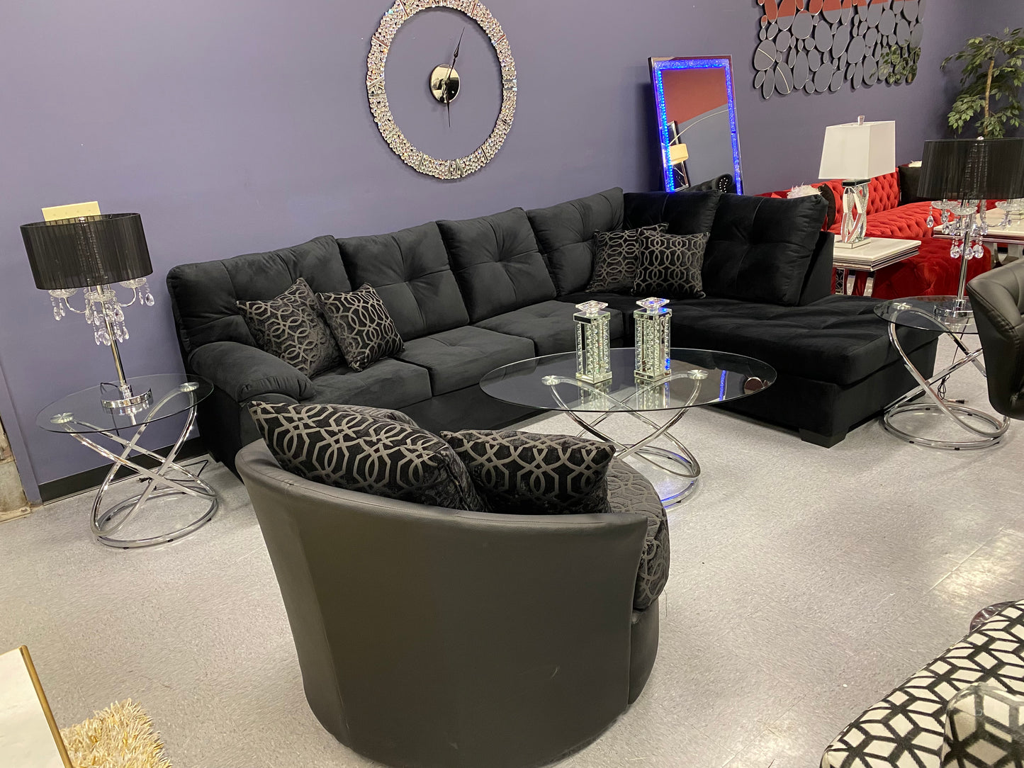 CRISTAL ROYALE Upholstered Sectional Sofa in Ebony BLACK Premium Chanel Velvet Fabric ** Available In Over 500 in house Colors and Patterns to Choose From, ** Custom Made To Order ** Design It Your Way House to Home Furnishings LLC