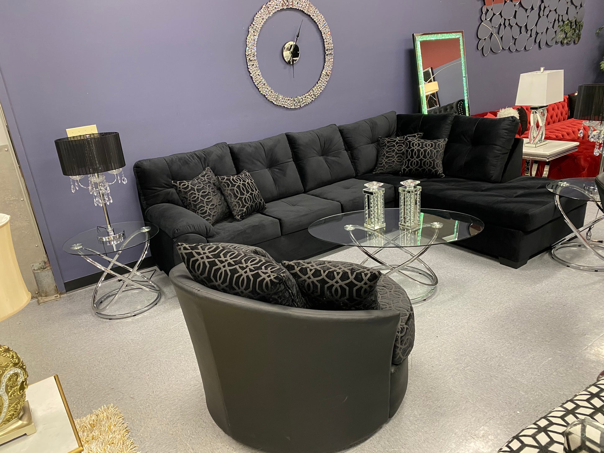 CRISTAL ROYALE Upholstered Sectional Sofa in Ebony BLACK Premium Chanel Velvet Fabric ** Available In Over 500 in house Colors and Patterns to Choose From, ** Custom Made To Order ** Design It Your Way House to Home Furnishings LLC