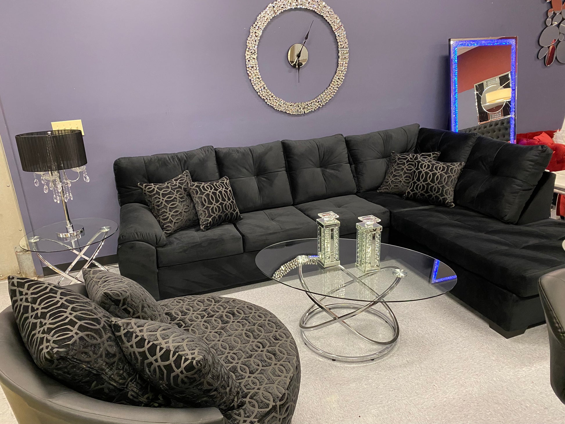 CRISTAL ROYALE Upholstered Sectional Sofa in Ebony BLACK Premium Chanel Velvet Fabric ** Available In Over 500 in house Colors and Patterns to Choose From, ** Custom Made To Order ** Design It Your Way House to Home Furnishings LLC