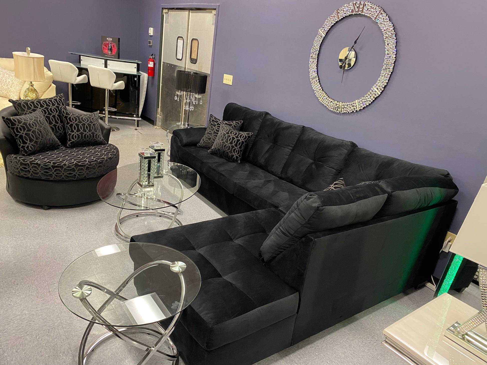 CRISTAL ROYALE Upholstered Sectional Sofa in Ebony BLACK Premium Chanel Velvet Fabric ** Available In Over 500 in house Colors and Patterns to Choose From, ** Custom Made To Order ** Design It Your Way House to Home Furnishings LLC