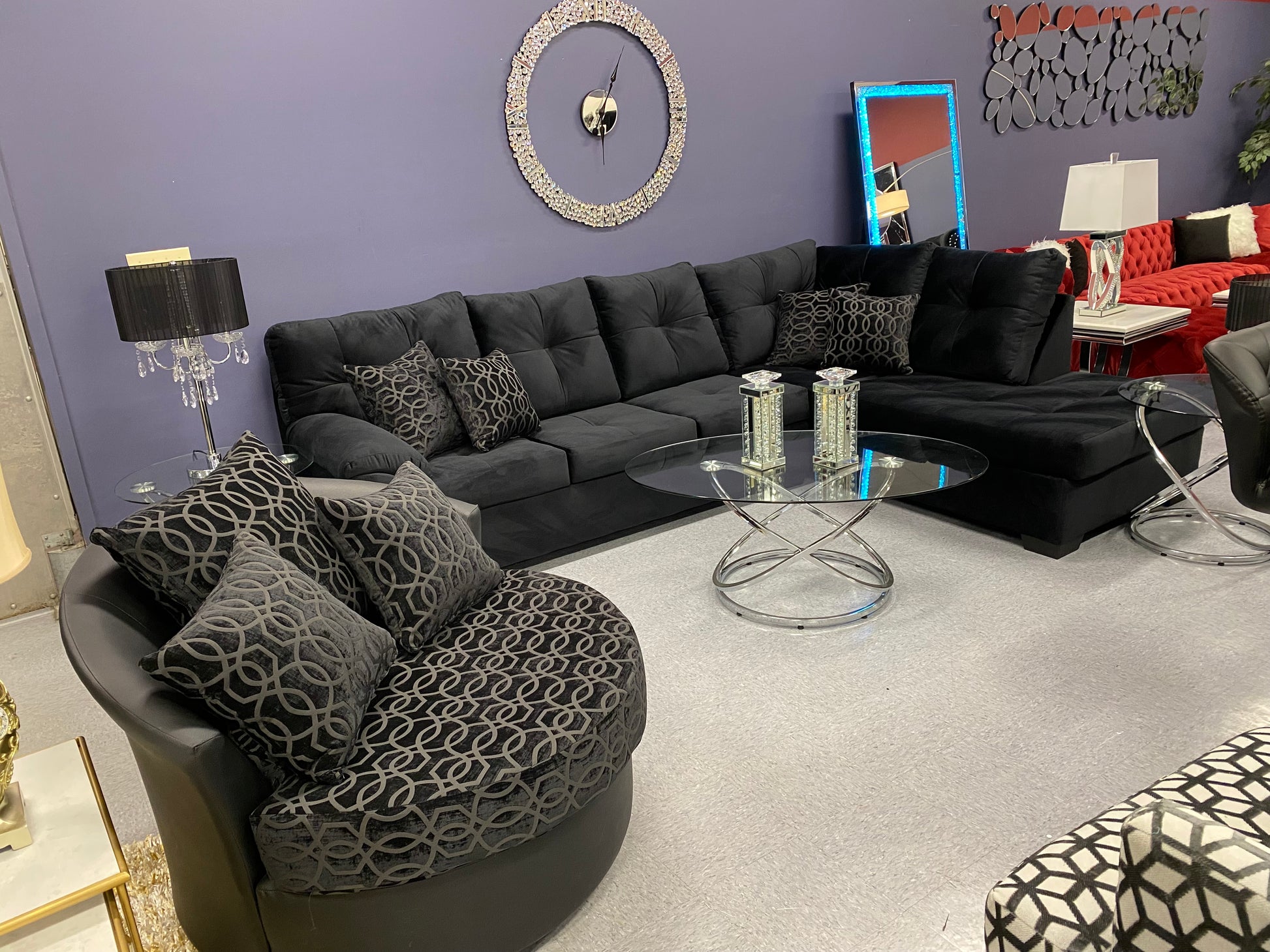 CRISTAL ROYALE Upholstered Sectional Sofa in Ebony BLACK Premium Chanel Velvet Fabric ** Available In Over 500 in house Colors and Patterns to Choose From, ** Custom Made To Order ** Design It Your Way House to Home Furnishings LLC