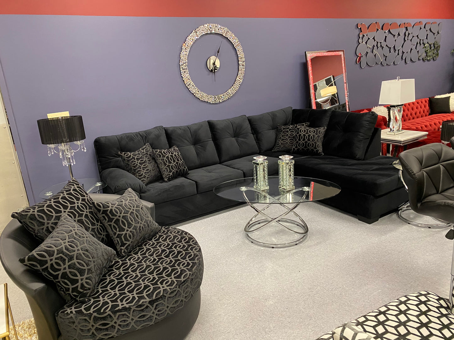 CRISTAL ROYALE Upholstered Sectional Sofa in Ebony BLACK Premium Chanel Velvet Fabric ** Available In Over 500 in house Colors and Patterns to Choose From, ** Custom Made To Order ** Design It Your Way House to Home Furnishings LLC