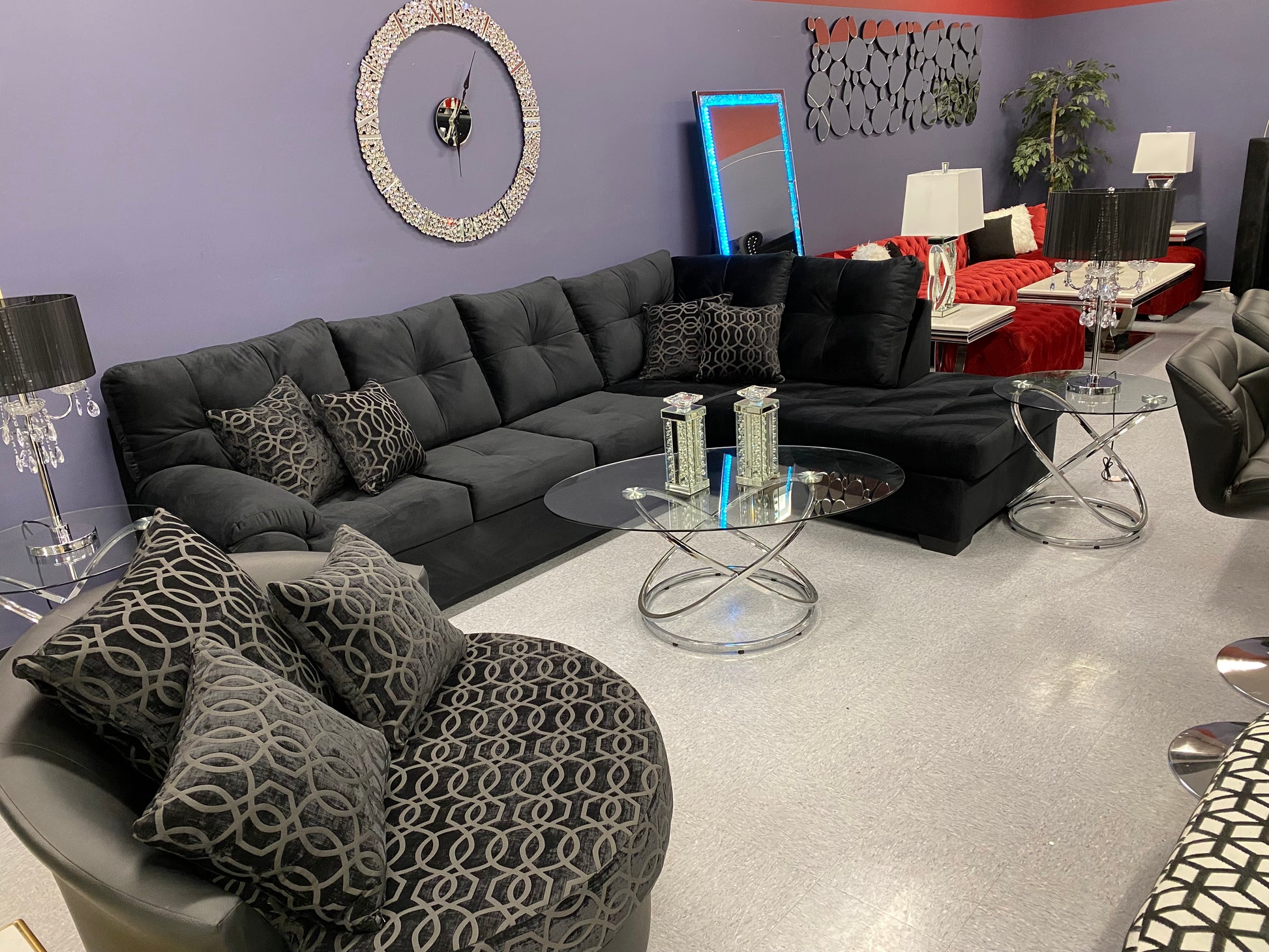 CRISTAL ROYALE Upholstered Sectional Sofa in Ebony BLACK Premium Chanel Velvet Fabric ** Available In Over 500 in house Colors and Patterns to Choose From, ** Custom Made To Order ** Design It Your Way House to Home Furnishings LLC