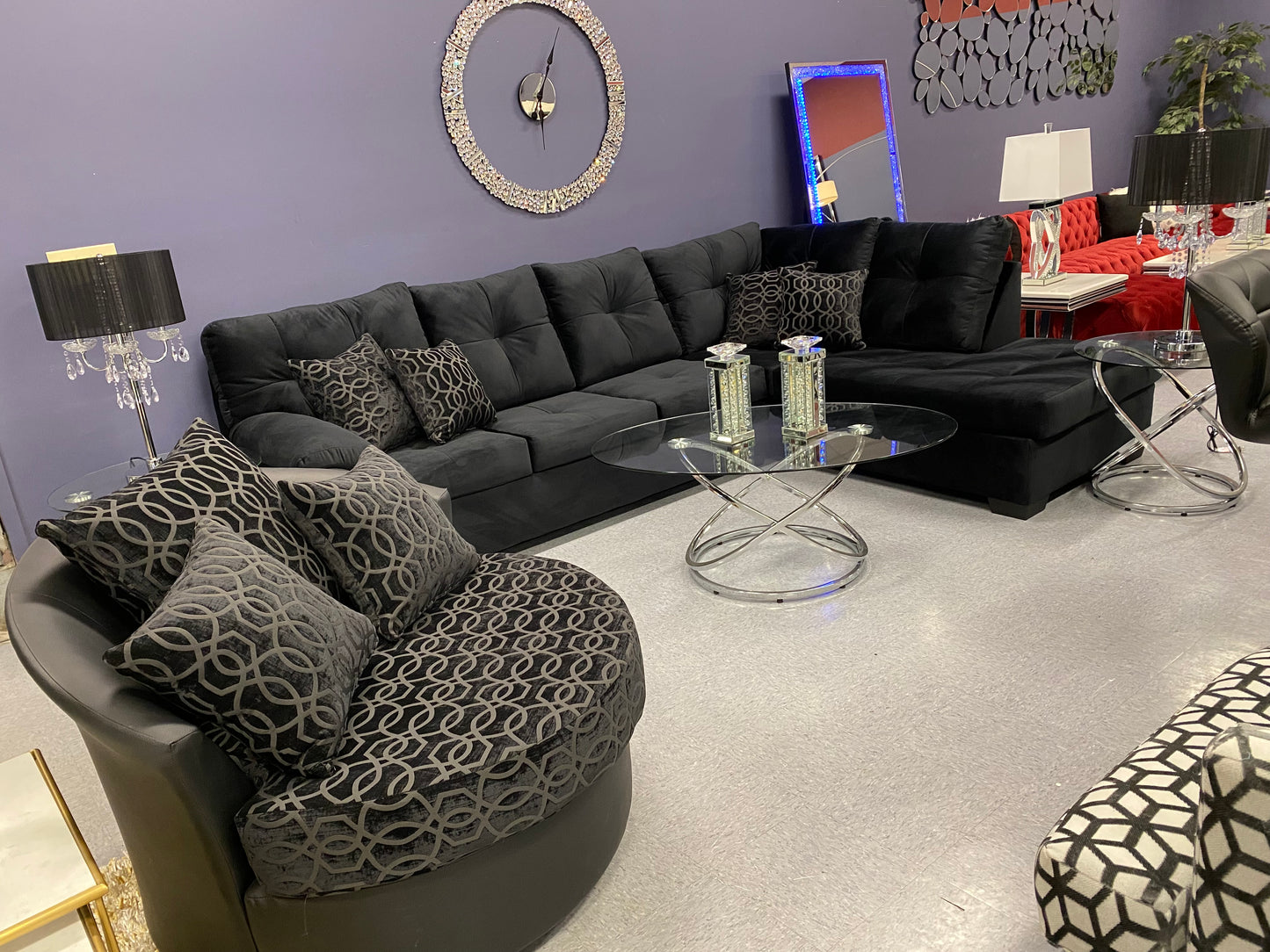 CRISTAL ROYALE Upholstered Sectional Sofa in Ebony BLACK Premium Chanel Velvet Fabric ** Available In Over 500 in house Colors and Patterns to Choose From, ** Custom Made To Order ** Design It Your Way House to Home Furnishings LLC