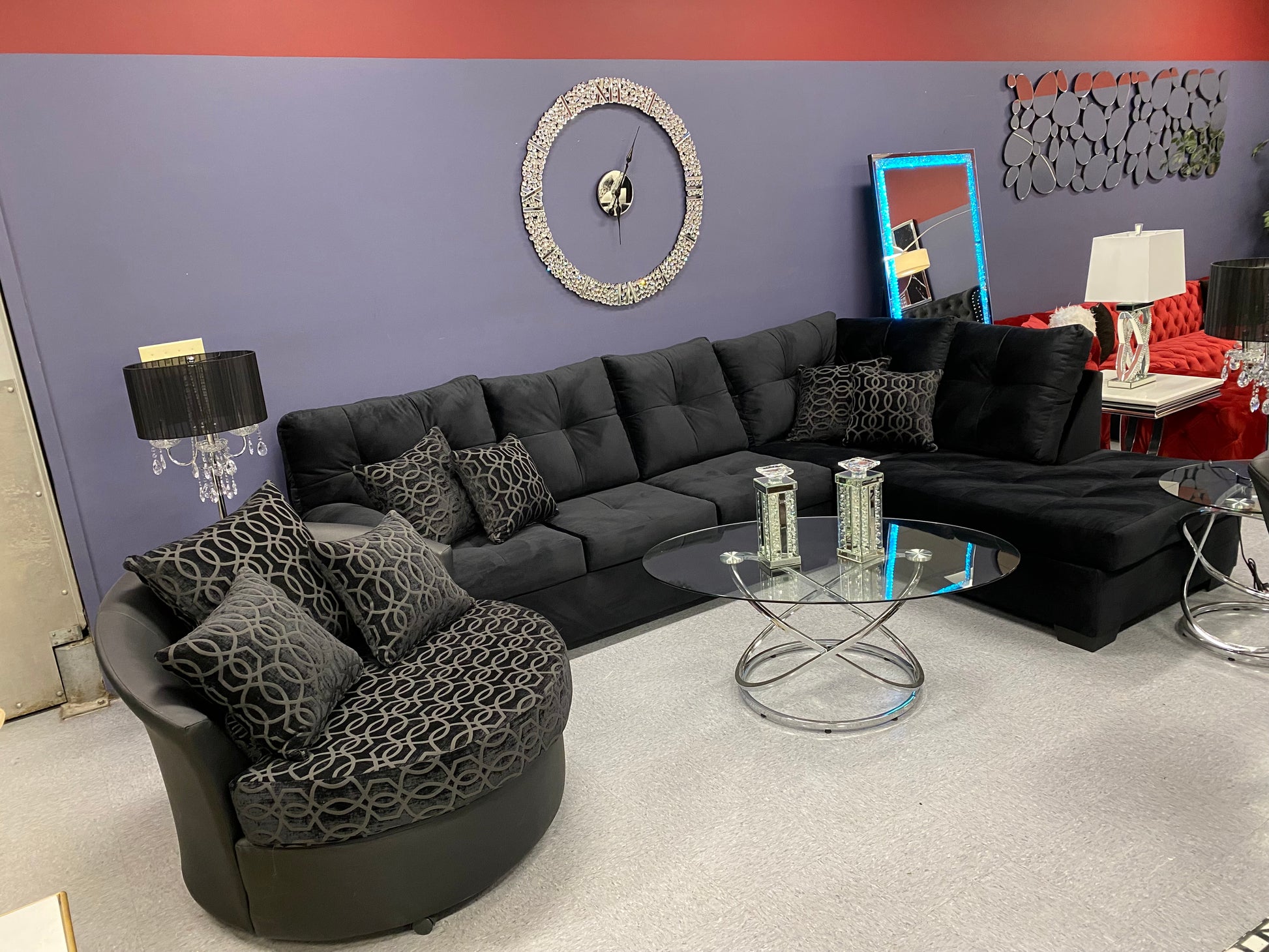 CRISTAL ROYALE Upholstered Sectional Sofa in Ebony BLACK Premium Chanel Velvet Fabric ** Available In Over 500 in house Colors and Patterns to Choose From, ** Custom Made To Order ** Design It Your Way House to Home Furnishings LLC