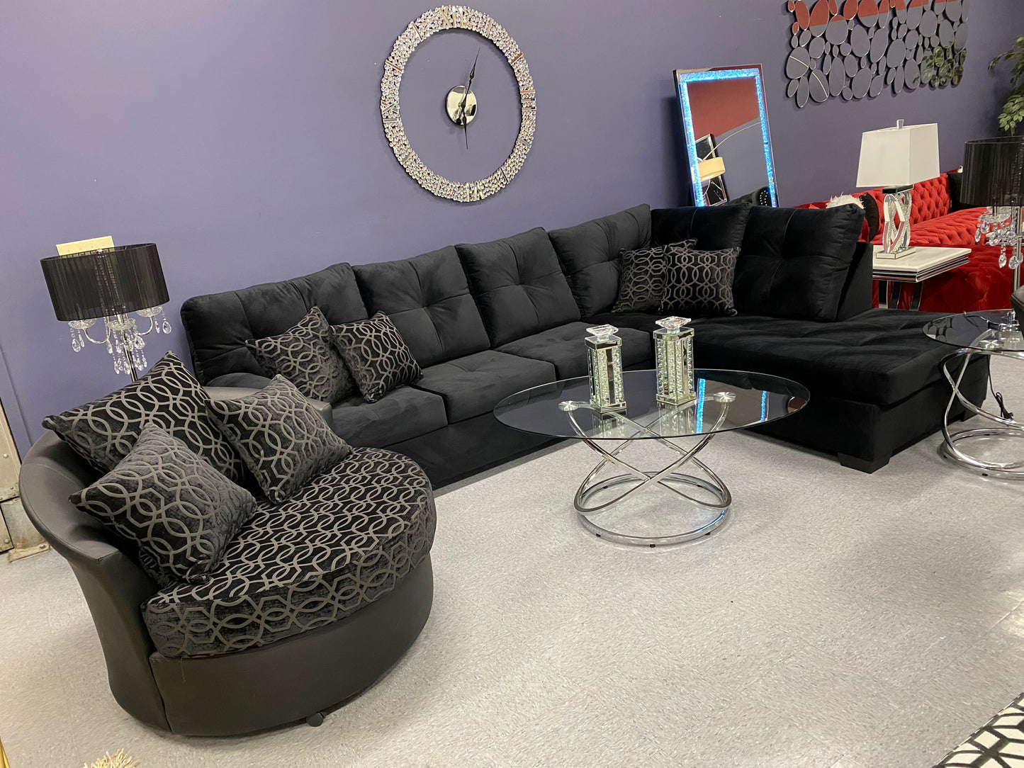 CRISTAL ROYALE Upholstered Sectional Sofa in Ebony BLACK Premium Chanel Velvet Fabric ** Available In Over 500 in house Colors and Patterns to Choose From, ** Custom Made To Order ** Design It Your Way House to Home Furnishings LLC