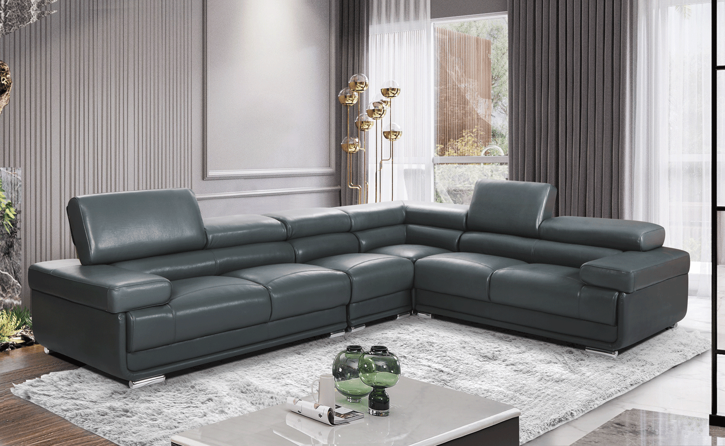 ESF Furniture Top Grain Leather Sectional Sofa with Adjustable Headrest In Shadow Grey ESF Furniture